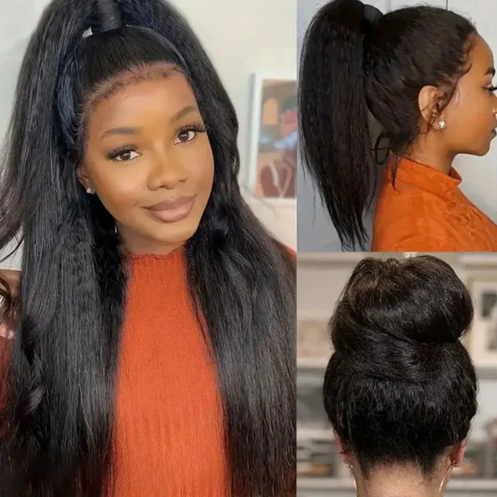 Invisi Draw-strings Kinky Straight 360 Glueless Wig Pre-Cut Lace Invisi Fit Strap Wear Go Wig Human Hair Wig With Drawstring 180% Density 20 22 Inch Yaki Straight 360 Lace Frontal Wigs 100% Human Hair for Black Women