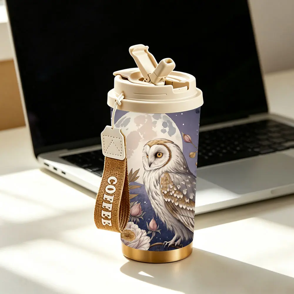 Featuring a mystical moonlit owl design with delicate floral elements, this insulated stainless steel tumbler doubles as a reusable coffee mug, available in 12oz, 18oz, and 20oz sizes for everyday travel and daily use