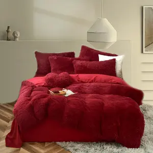 Luxury Shag  Comforter Cover Set, Shaggy Faux  Duvet Cover Sets - 5 count Plush Quilt Cover Pillowcases  Fitted Sheets, Fuzzy Flannel Soft for Full  Size Bed Red