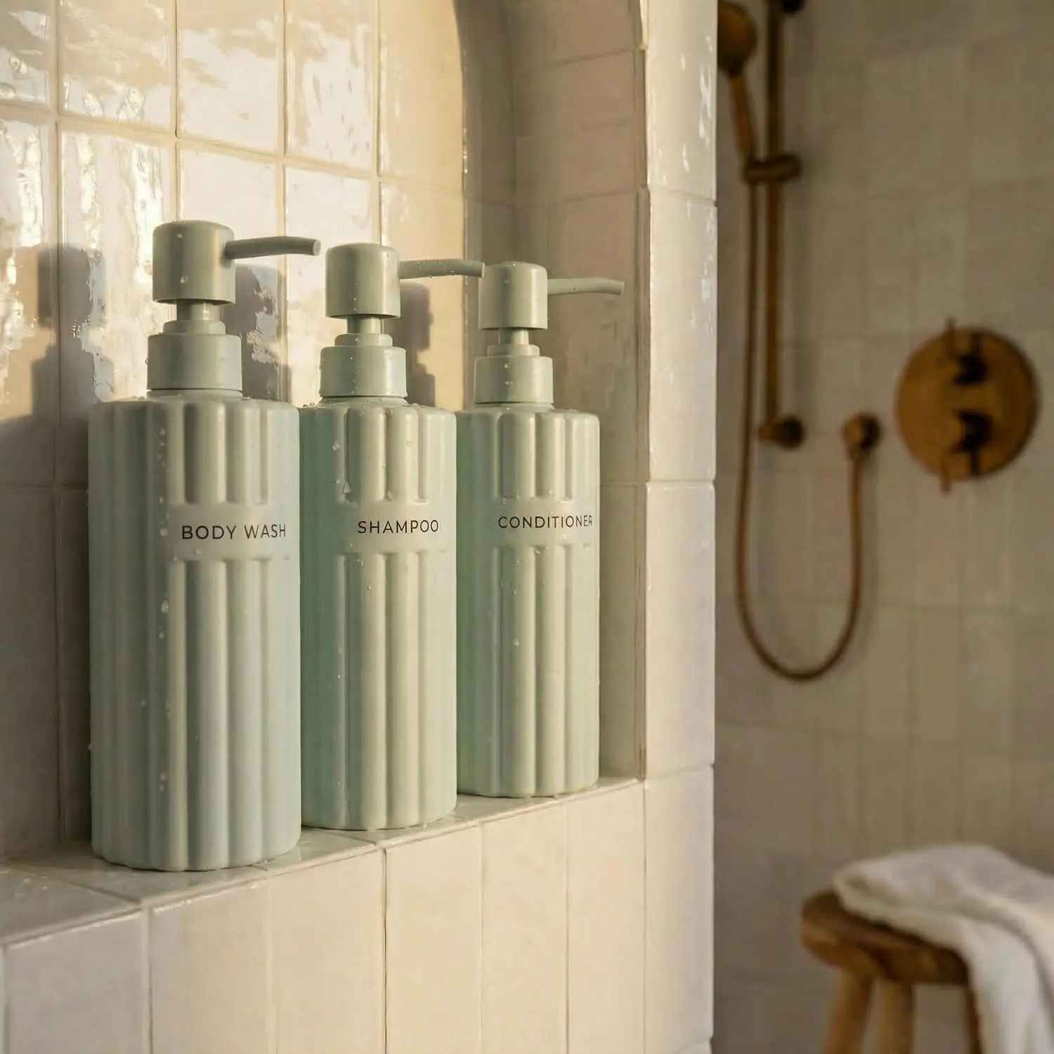 Stylish Shampoo and Conditioner Dispenser Set of 3 - Modern 19oz Shower Soap Bottles with Pump and Labels - Easy to Refill Body Wash Dispensers for an Instant Bathroom Decor Upgrade