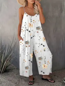 Comfortable Loose Floral Jumpsuit, Sleeveless U-Neck Ruched Fit with Practical Pocket Design, Precise Tailoring, Perfect for Vacation