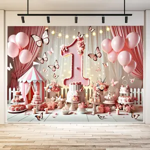 1pc whimsical 1st birthday party decoration background banner - pastel shades of pink and white, large pink number 1 with flowers, pink and white striped circus tent, pink balloons, butterflies, - perfect for 1st birthday party supplies and decorations
