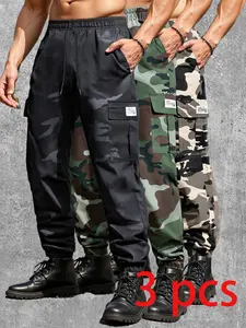 3-Pack Men's Camo Cargo Joggers, Side Pockets, Polyester Fabric, Wear-Resistant & Comfy, Perfect for Outdoor Activities & Daily Wear All Seasons