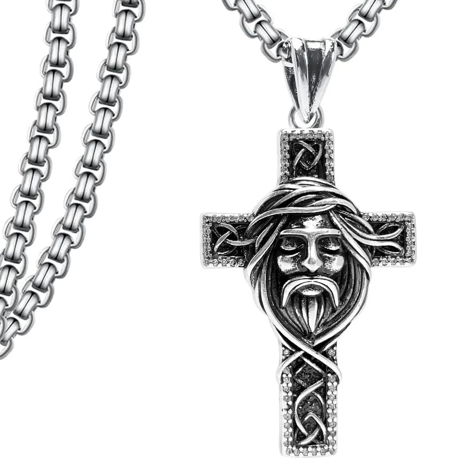 Retro Jesus cross necklace men do old titanium Celtic knot diamond pendant niche hip-hop personality brand accessories. Cuban Link Chain