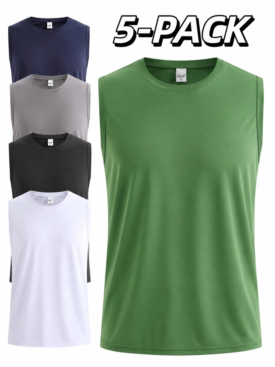 Men's 5-Piece Solid Color Basic Crew Neck Dry Fit Sleeveless T-Shirt Set, Sports Clothing for Fitness Outfits, Summer Cool Gym Vest for Running & Hiking