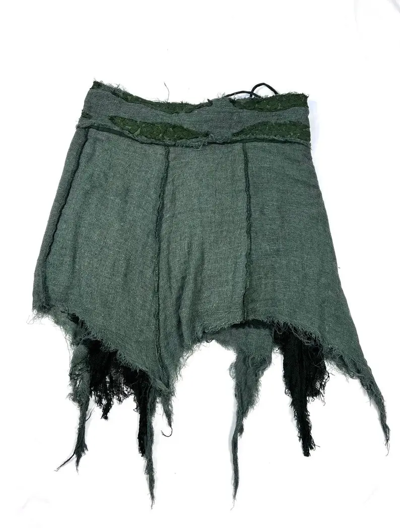 Forest Green Pixie Rag Skirt - Festival Skirt for Women - Uneven Hem Cottage Core Forest Fairy Skirt - Bottom, Womenswear