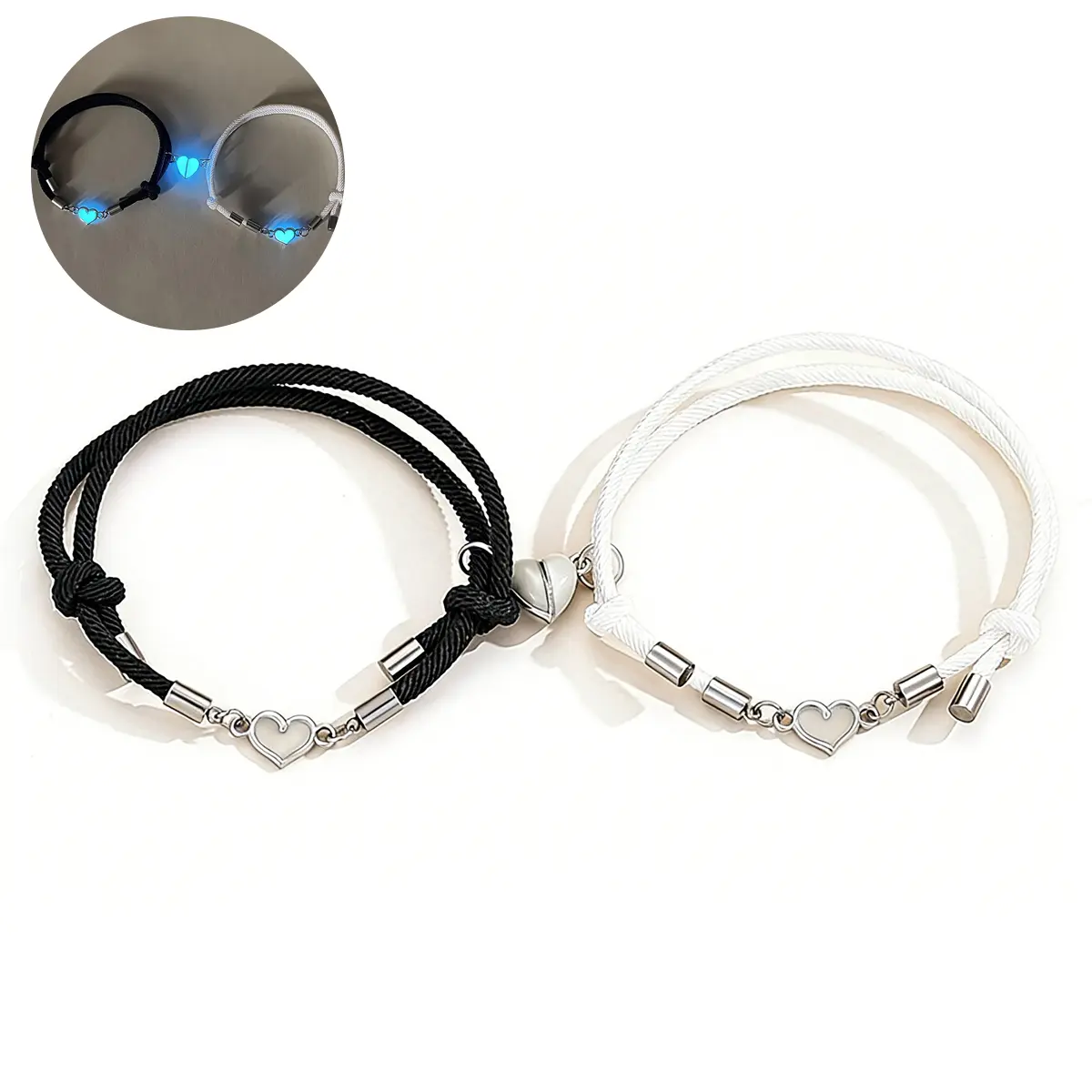 2-Pcs Luminous Heart-Shaped Matching Bracelets for Best Friends & Couples - Hand-Woven Magnetic Milan Cord Wristbands