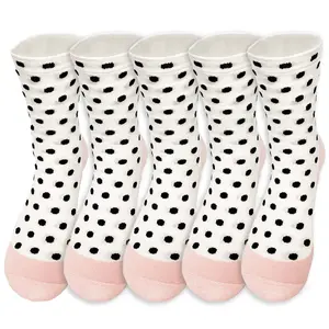 GTXVZYS 5 Pairs White Pink Polka Dot Ballet Style Crew Socks Lightweight Breathable Polyester & Spandex Fabric Comfortable Fit for Home & Dance Inspired Wear Elegant Art Design Elastic Unique Fashion Accessory Essential