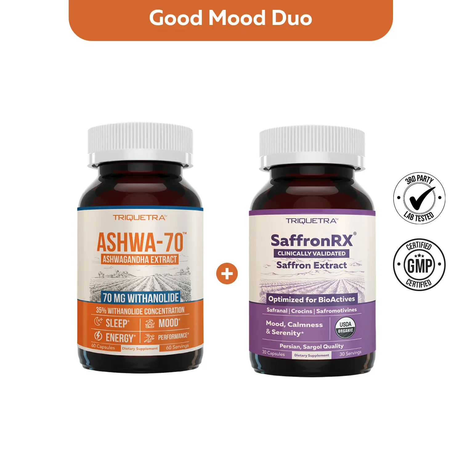 Good Mood Duo by Triquetra Health | Ashwagandha + Saffron | For Women | For Men | Non-GMO, Gluten Free, Organic