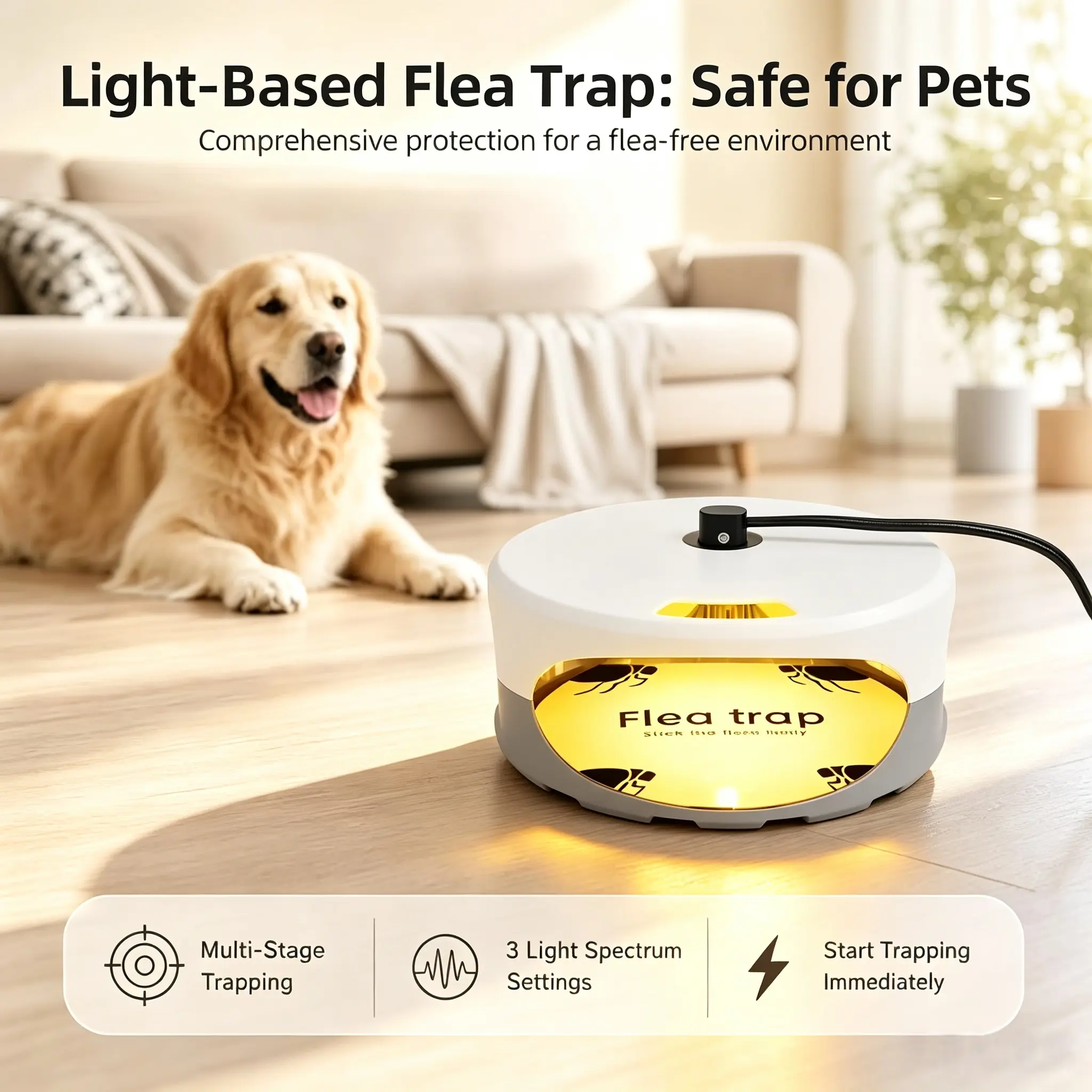 Household Flea Trap Set 2-Pack Boxed Kit - Pet-Safe Indoor Insect Control for Home, Garage, Includes 4 Sticky Discs, 6 Bulbs, Polypropylene Outdoor Repellent
