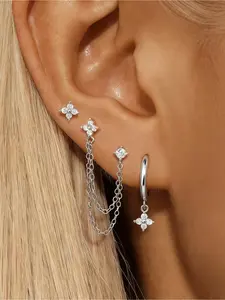 3 Pcs Exquisite Mini CZ Hoop Earring Stud Sets for Women Cubic ZirconFlower Cartilage Piercing Earrings Fashion Jewelry, Hypoallergenic Dangle Earrings Dainty Small Long Chain Earring for Multiple Piercing Jewelry for Women Girl
