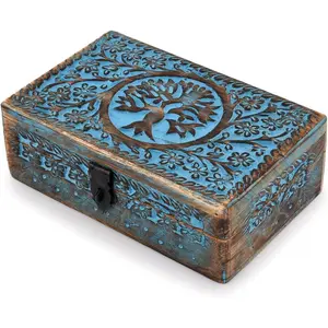 |Wooden Jewelry Box, Tarot Box, Celestial Home Decor, Witch Box, Tree of Life, Trinket Box |Size- 8" x 5" x 2.5",| Decorative Storage Bin
