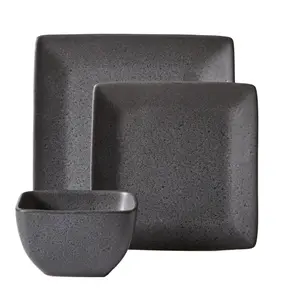 Anderson Grey Square-Shaped Stoneware 12-Piece Dinnerware Set for Family Meals Cutlery Round