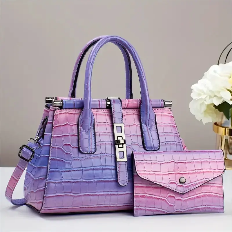 2pcs Set PU Fashionable Stone Patterned Embossed Handbag Set, Large Capacity Women's Shoulder Bag, Gradient Color Women's Crossbody Bag