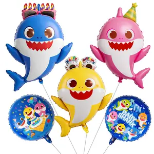PartyWoo Baby Shark Family Foil Balloons 5pcs Baby Shark Family Blue Round Mylar Helium Balloons for Boys and Girls Birthday Decorations Under the Sea Ocean Theme Kids Birthday Party Decorations