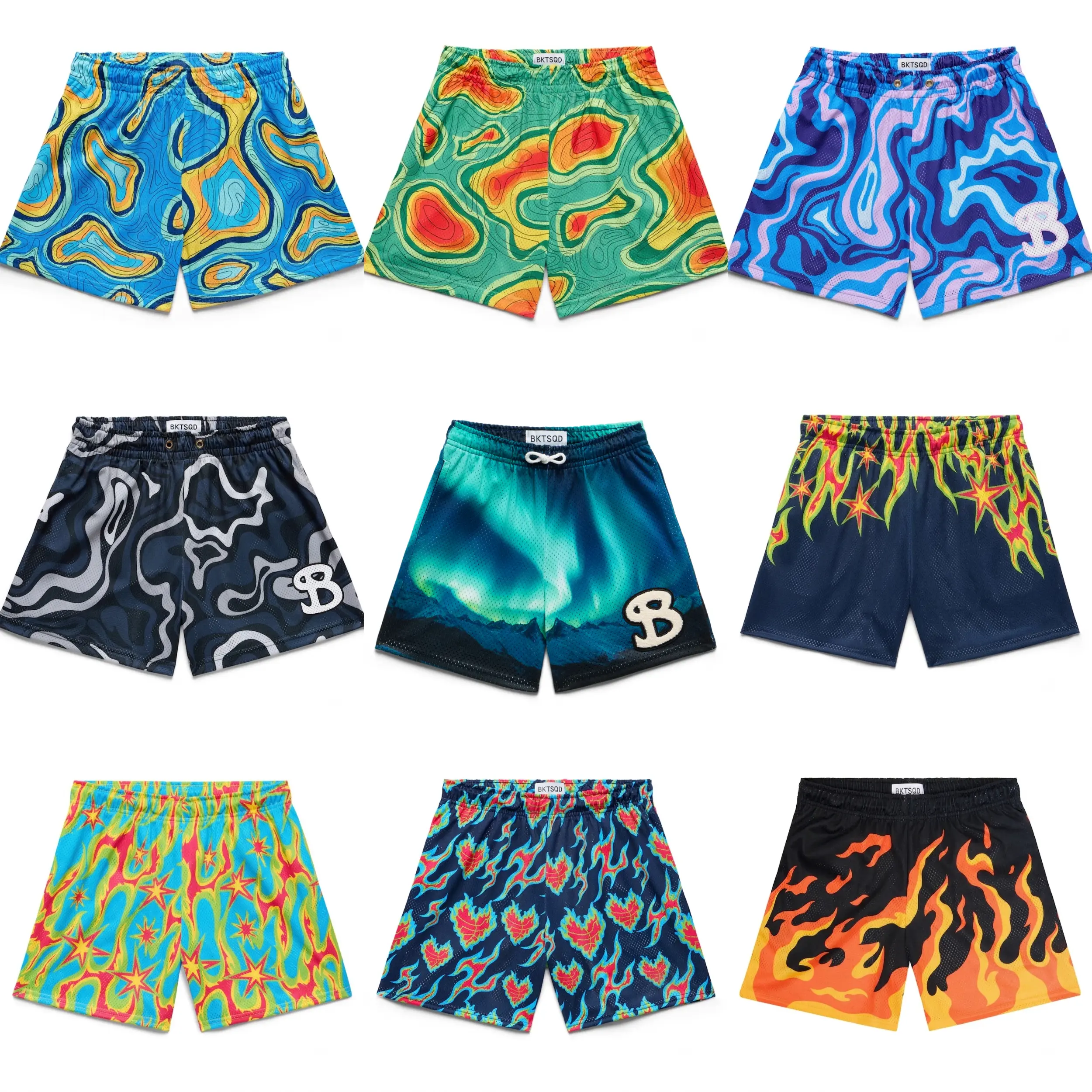 [ Flash Sale - Bucketsquad Short ] Graphic Mesh Basketball Shorts - Men's Premium Athletic Shorts with Topo Map, Swirl, Northern Lights & Flame Prints
