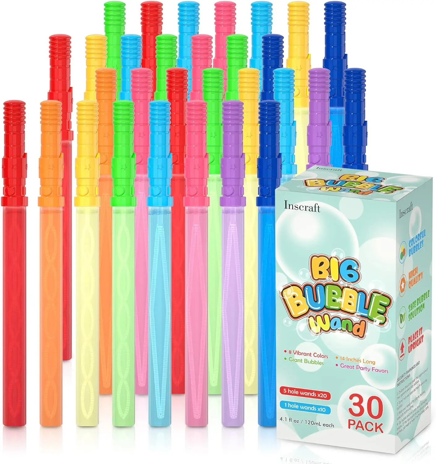 Inscraft Giant Bubble Wands, 30-Pack 14in 8-Color Child-Safe Unisex Summer Toy for 3+ Years, Graduation Party Favors, Outdoor Activities with 8 Color Bubble Mix for Kids & Lovers