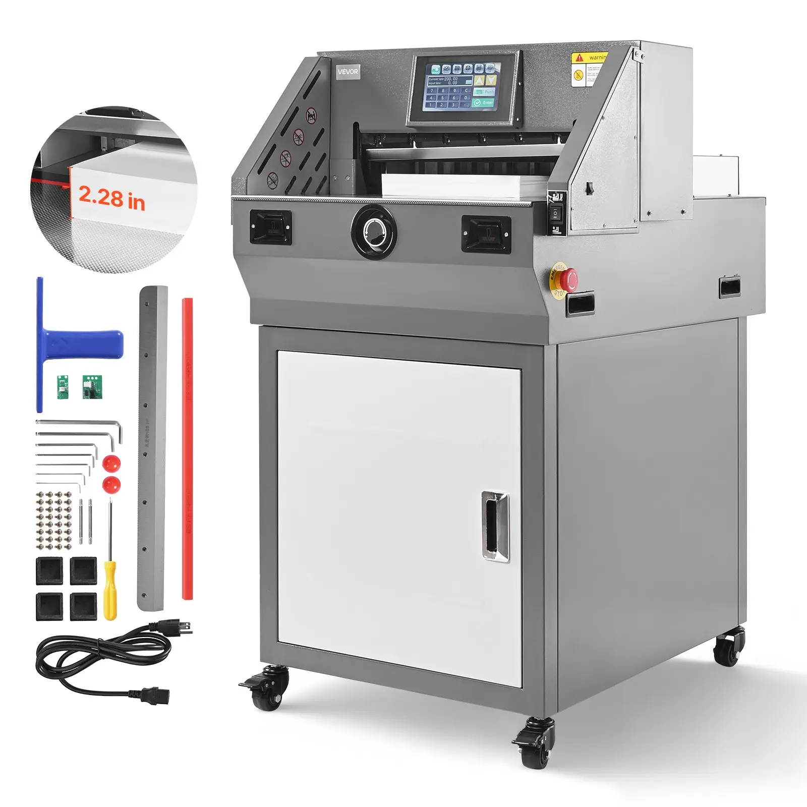 VEVOR Carbon Steel Electric Paper Cutter - Solid Metal Programmable E460t Electric Hydraulic Guillotine Trimmer, 17.99in Wide, 2.28in Cutting Thickness, 1000W Infrared Cut Function, Spare Blade, 26.77x33.46x46.65in, 289.91lbs