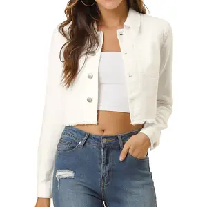 Allegra K Women's Turn Down Frayed Button Down Washed Cropped Denim Jacket X-Large White