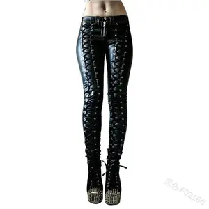5XL Large Size Women’s Punk Gothic PU Leather Pencil Pants — Sexy Skinny Retro Long Biker Style with Lace-Up Rivets and Zipper