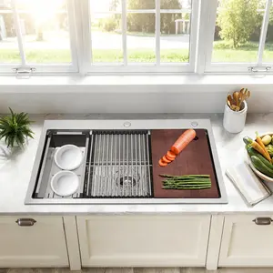 33 x 22 Inch Single Bowl Stainless Steel Undermount Sink, Single Bowl Drop in Kitchen Sink, Built-in Kitchen Sinks Workstation