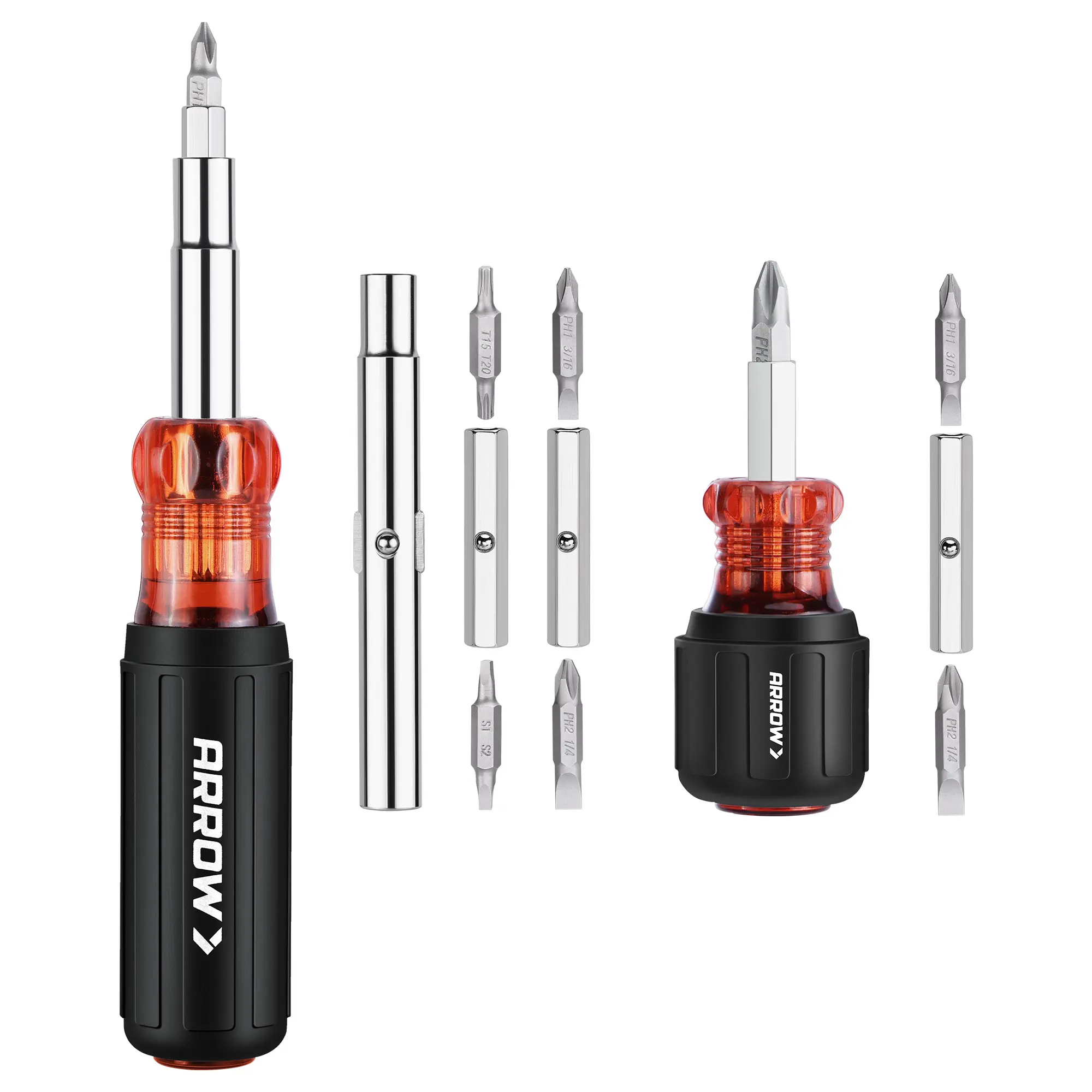 #summersale ARROW Multi-Screwdriver Set, 11-in-1 Standard/5-in-1 Stubby Multi-bit Screw Driver & Nut Driver Set, Premium S2 Steel, Comfortable Grip, with Phillips, Slotted, Torx, Square Bits and Hex Sockets