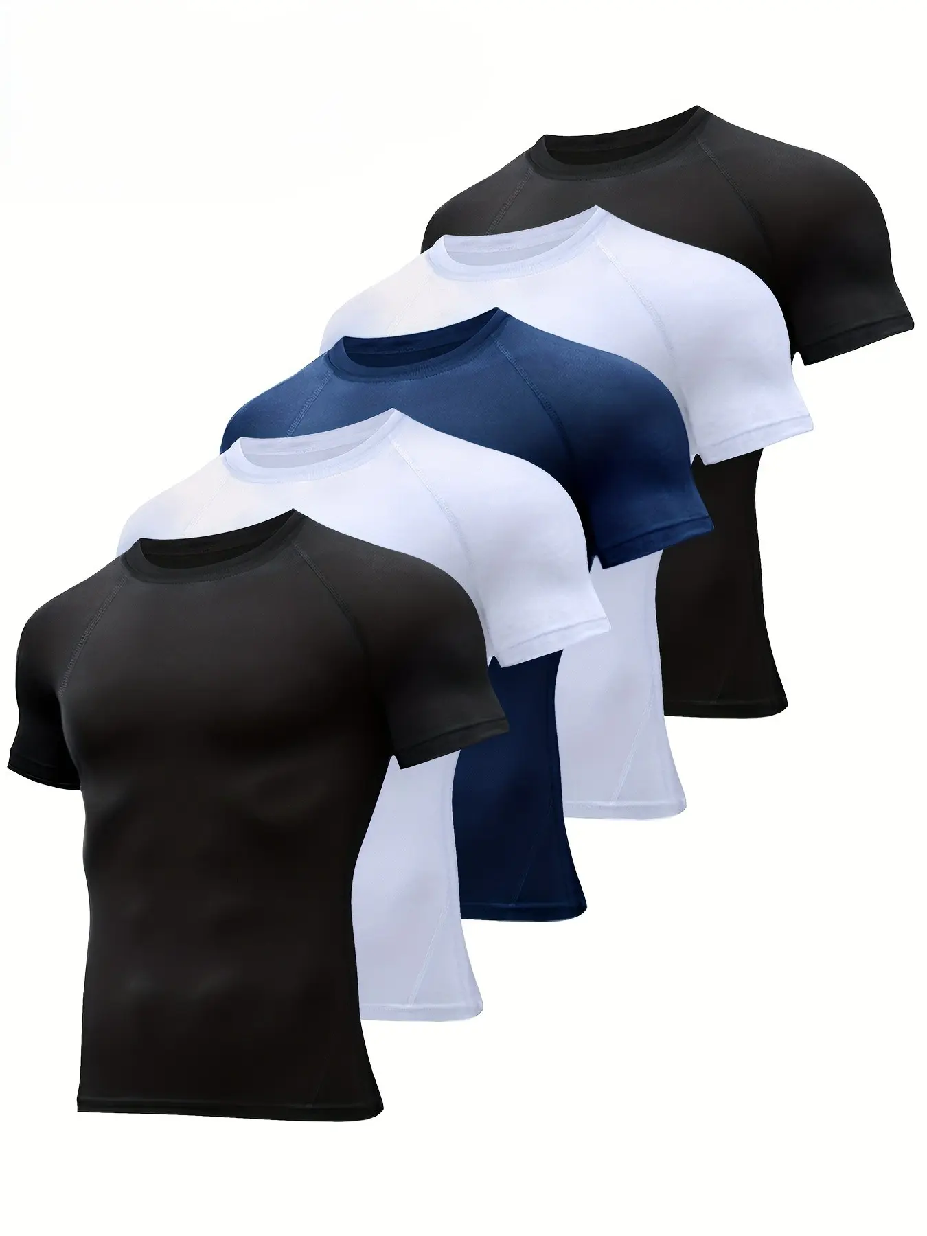 Men's 5-Piece Slim-Fit Short-Sleeve Compression Sports T-Shirt Set for Fitness Daily Activities Black White Navy,summerwins summerwins