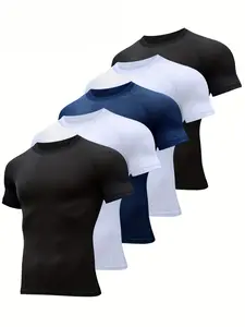 Men's 5-Piece Slim-Fit Short-Sleeve Compression Sports T-Shirt Set for Fitness Daily Activities Black White Navy