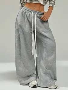 Women's Light Adjustable Drawstring Wide-Leg Sweatpants, Casual Loose-Fitting Loungewear, All Seasons Plain Style, Comfortable Home Wear