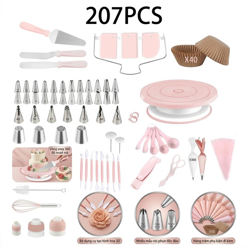 207 Pcs Cake Decorating Supplies Kit with Rotating Turntable Stand, 100 Piping Bags, 48 Icing Tips, 3 Couplers, 3 Scrapers, Spatulas, Baking Tools Set for Beginners & Pros, Cake Turntable for Frosting, Birthday Cakes