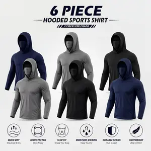 3/6-Pack Men Quick Dry Hooded Sports Shirts with Built-in Face Mask, UPF 50+ Sun Protection, High Stretch Moisture Wicking Slim Fit Tops for Fishing, Running, Cycling & Outdoor Work