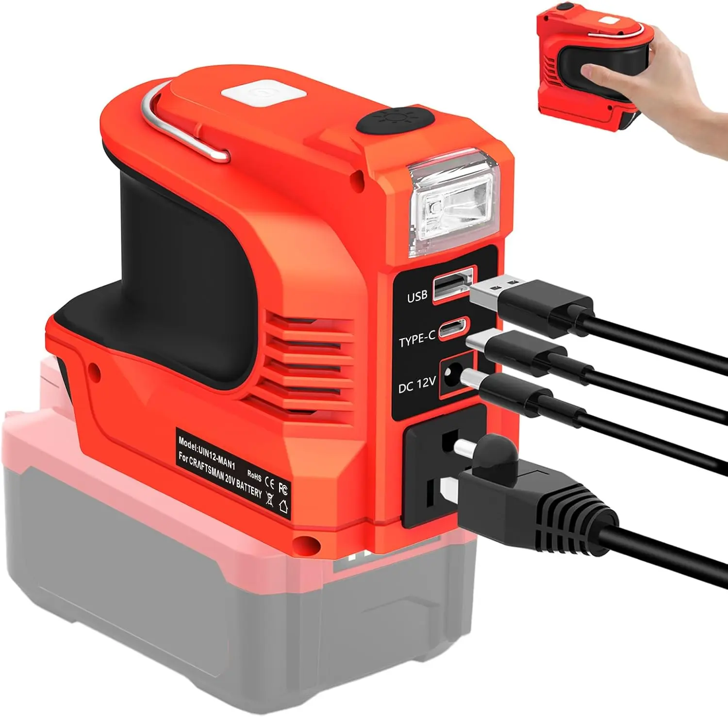 220W Power Inverter for Craftsman 20V V20 Battery, DC 20V to AC 110‑120V Converter, Portable Power Station with USB/Type‑C/AC/DC 12V & LED Work Light for Camping Emergency Job Site