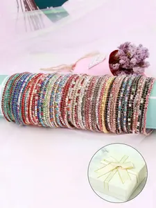 Colorful Beaded Bracelet Set, Fashionable Full Rhinestones Jewelry for Women & Girls, Trendy All-match & Exquisite Jewelry for Birthday Gift