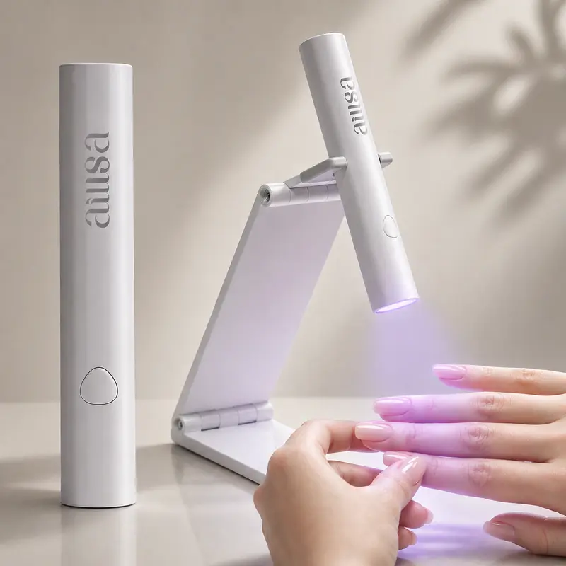 AILLSA UV LED Nail Lamp - Chic Minimal Single Unit Handheld Cordless Desk-Friendly Manicure Tool with Stand, Batteries, Flash Cure for Decorations, Instant Hold for Home DIY Nail Tech Supplies