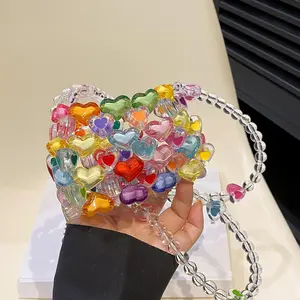 Women's Mini Candy Color Crossbody Bag Heart Shaped Jelly Purse Acrylic Coin Pouch with Beaded Strap Cute Shoulder Bag for Evening and Party