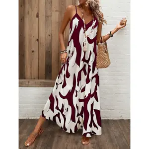 Elegant Women'S Geometric Pattern Printed Backless Long Dress |   Sleeveless, V-neck, Machine Washable, Summer Season