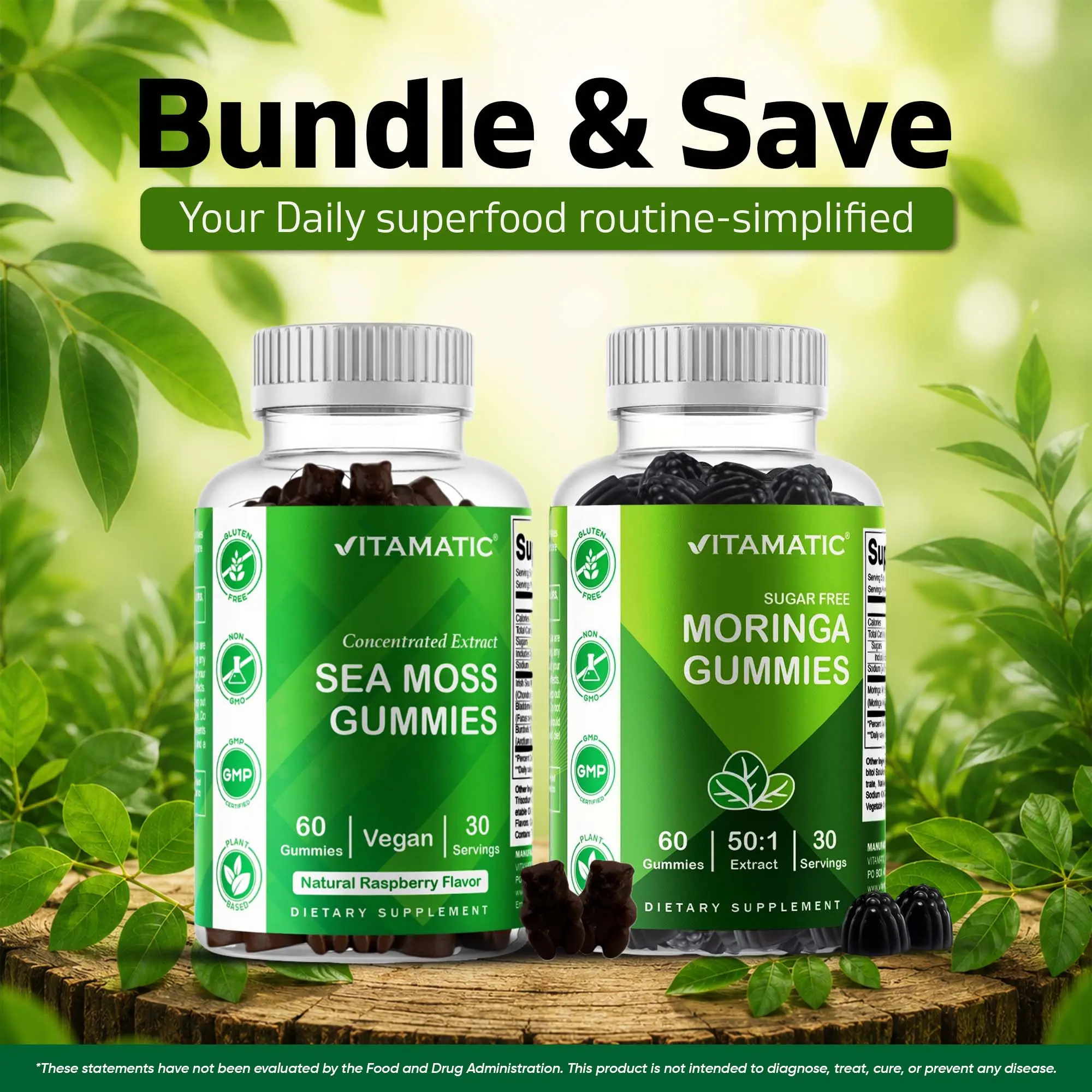 Vitamatic Natural Dietary Superfoods Gummies Bundle - Sea Moss, Moringa Daily Nutrition Supplement, Chewy, Gummy, Vegetarian, 0-Sugar Vitamins Supplements, Chewy Vitamins Supplements