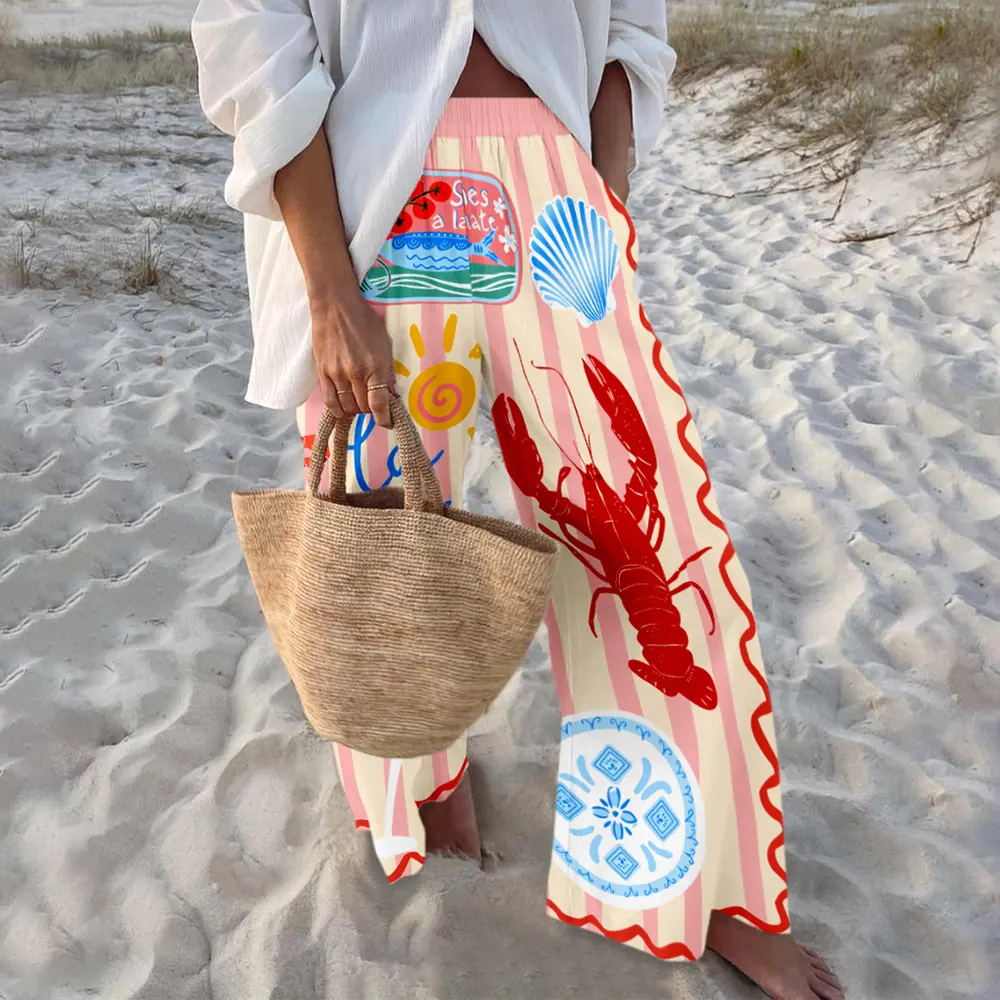 New Drops Vacation Print Wide-Leg Pants “La Dolce Vita” Lobster Design Women Statement Vibrant Holiday Trousers New Drops Vacation Print Wide-Leg Pants “La Dolce Vita” Lobster Design Women Statement Vibrant Holiday Trousers