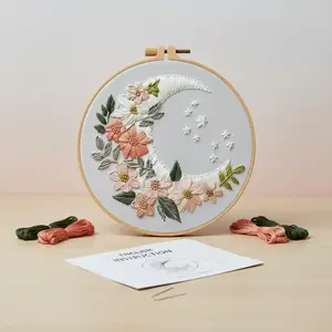 Beginner-Friendly Embroidery Kit, Elegant Cross Stitch Set, Silver Moon Flower Blossoms Style, DIY Embroidery Supplies, Includes Printed Cotton Fabric, English