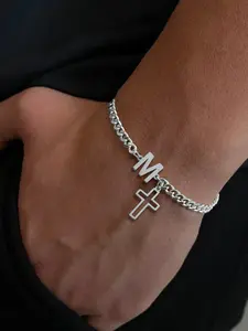 Men's Stainless Steel Cuban Chain Bracelet, Cuban Link Bracelet, Punk Silvery Initial Cross Pendant, Casual Style All Season Jewelry Accessory