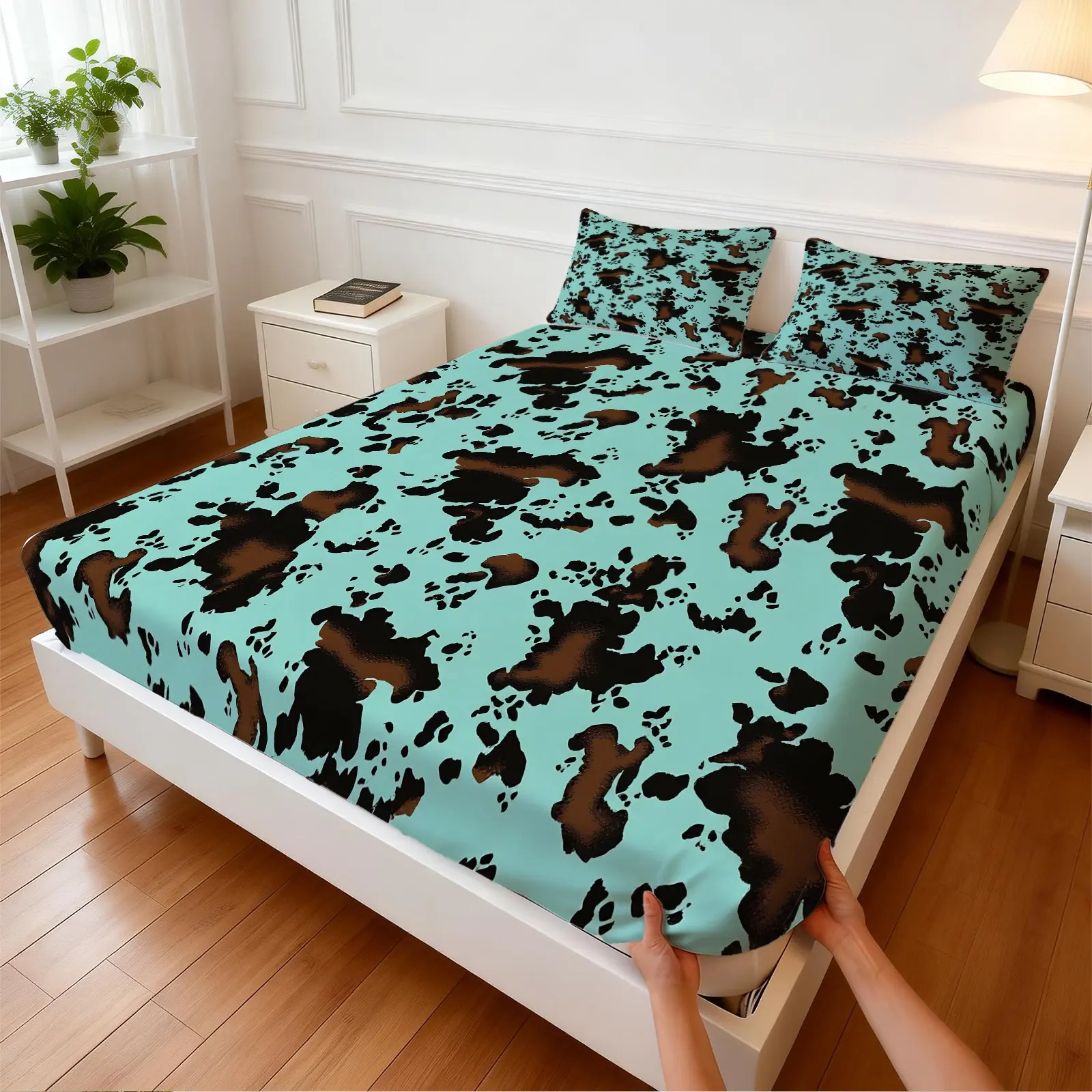 3Pcs American Western Vintage Cow Print Fitted Sheet Set, Printed Bedding Set, Distressed Texture Design, Create An Immersive Rustic Ranch Bedroom, Bed Linens
