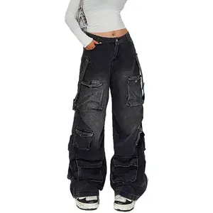 Women's Cargo Pants Low Waist Baggy Jeans Pocket Wide Leg Casual Trendy Streetwear Grunge Emo Clothes