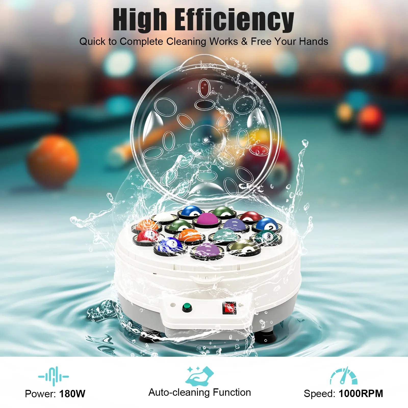 CNCEST Professional Automatic Billiard Ball Cleaner, 180W ABS Polisher Machine for 16 Pool & Snooker Balls, Billiard Accessory with Low-Noise Motor & Timer, Billiard Accessories