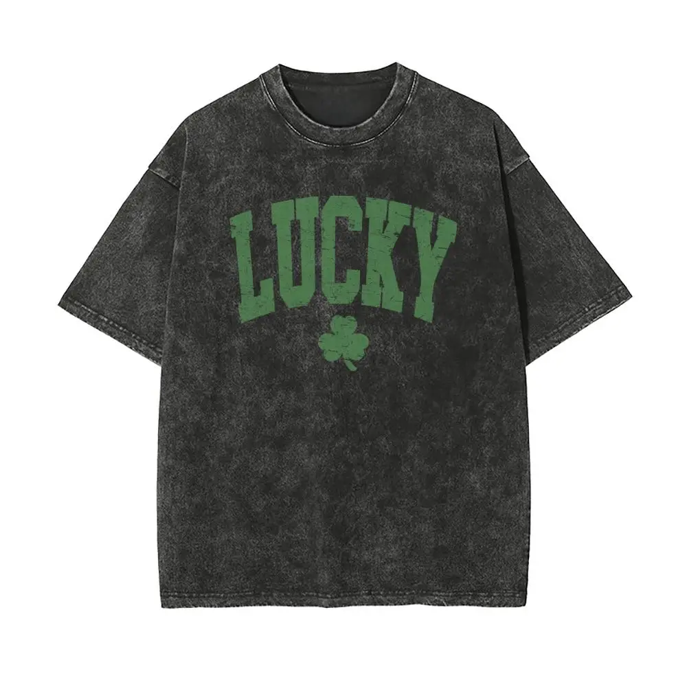 Unisex "LUCKY"Vintage Shamrock Vintage Washed T-Shirt   – St. Patrick’s Day Graphic Tee Long Sleeve Deep Neck Tie Top holiday
