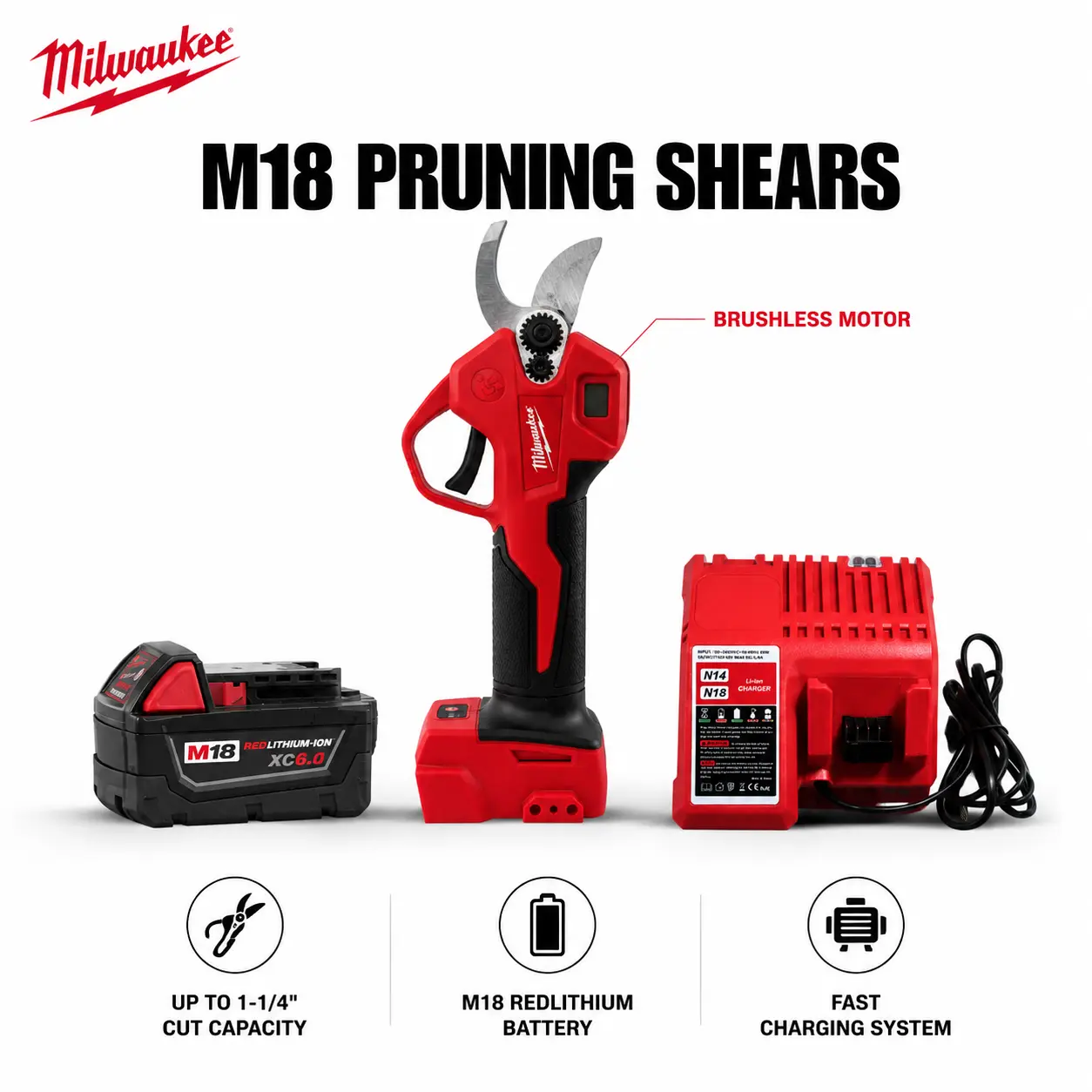Milwaukee 1-1/4 Inch Cordless Pruning Shears with Battery M18 XC6.0 for Orchard Tree Trimming, Handheld Pruner Tool Features SK5 Steel Blade Matrix Designed for Effortless Hardwood Branch Cutting construction