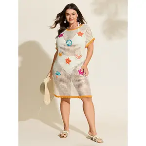 BLOOMCHIC Plus Size Crocheted Nautical Color Contrast Swim Cover-Up - Bikini, Front-Cutout, Multi-Size [M-6X] Resort Cover Ups for 2026 Summer Vibes, Bikini Cover Ups,Spotlight,Summer wins,Deals for you days Swimsuit Coverups