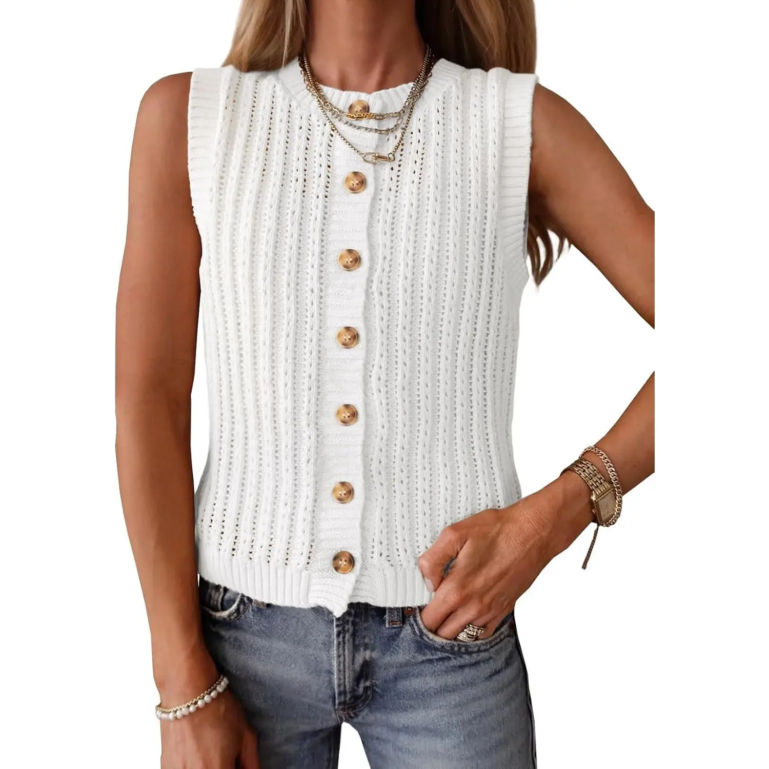 Saodimallsu Women's Sleeveless Crochet Button-Down Sweater Vest - Casual Lady's Basic Clothes, Summer Knit Tank Top, Trendy Going-Out Tops summerwins, Crocheted Women's Vests, Button-Operated Women's Vests,back to school,back to school shopping