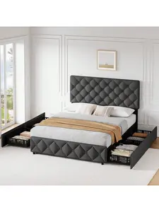 Dark Gray Double bed Frame With 4 Storage Drawers And Adjustable Headboard, Linen Upholstered Platform Bed Frame, Diamond Stitched Button Tufted, No Box Spring Needed,Gray_FULL