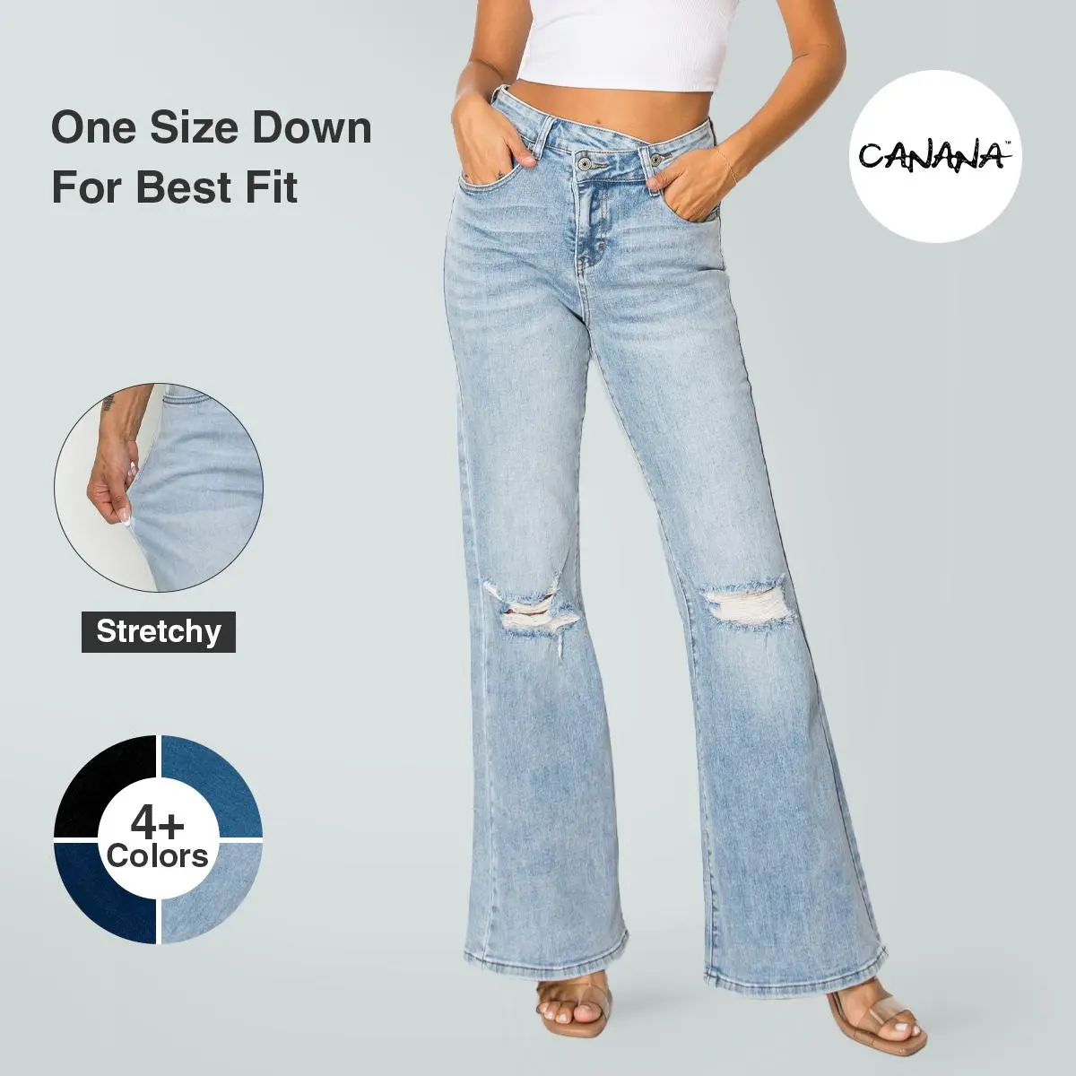 CANANA Crossover Tummy Control High Rise Bootcut Ripped Flare Stretch Jeans Fashion Asymmetric Vintage Ripped Jeans SH25F15 Streetwear Maxi Womenswear All-Season Wearable Perfect for Dating & Outdoor Activities