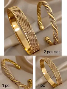 1 pc/2 pcs 18K Gold Plated Stainless Steel Luxury Elegant Woven & Twist Exquisite Bangle Bracelet Set For Women,Sparkling Elegant Jewelry, Classic Commemorative Gift for Birthday, Anniversary, Special Occasions
